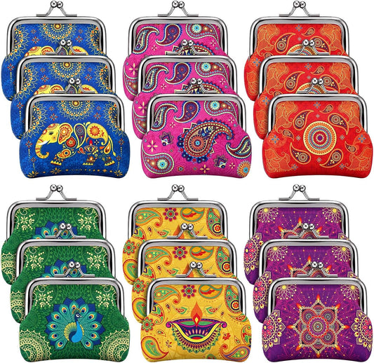 HOTTallew 18 Pcs Indian Return Gifts for Pooja Coin Purses Bulk with Kiss Lock Multicolor Jewelry Pouch Gift Bags for Pooja Classic Indian Motifs Wedding Gift for Women