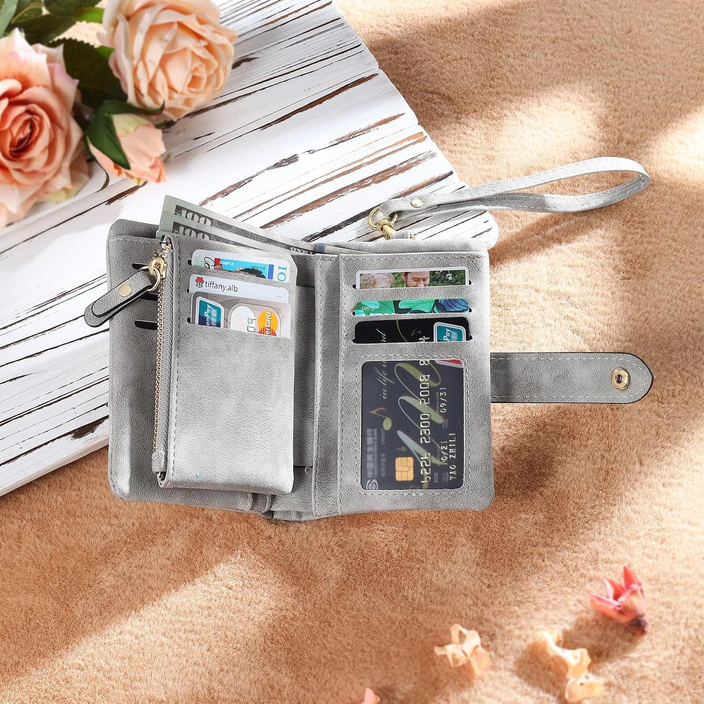 HOTMother’s Day Gift for Mom - Personalized Women's Wallet with Custom Name & Floral Initial - Soft Suede RFID Blocking Wallet Zipper Pocket (Grey)