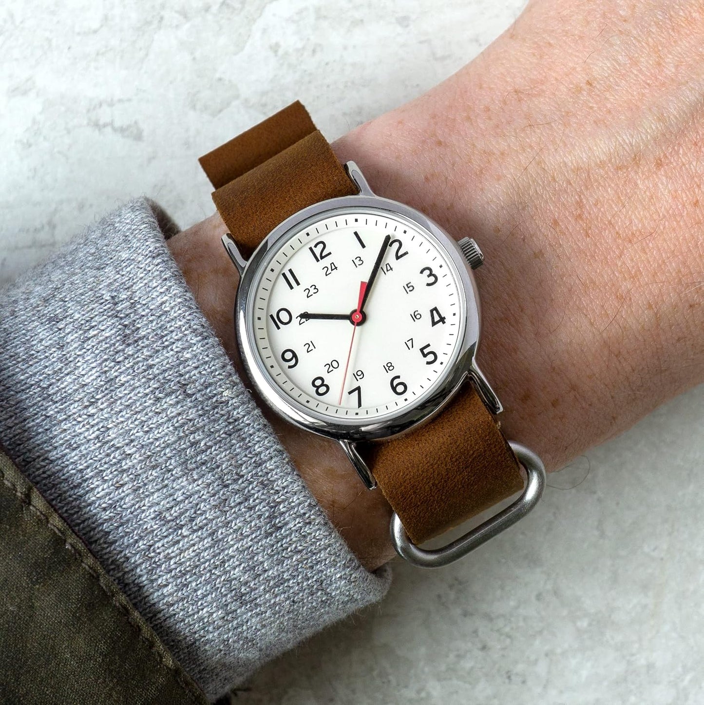 HOTBenchmark Leather Watch Band - Crazy Horse Oiled Leather One-Piece Military Watch Strap - Brushed Stainless-Steel Hardware - 18mm, 20mm, 22mm or 24mm Widths