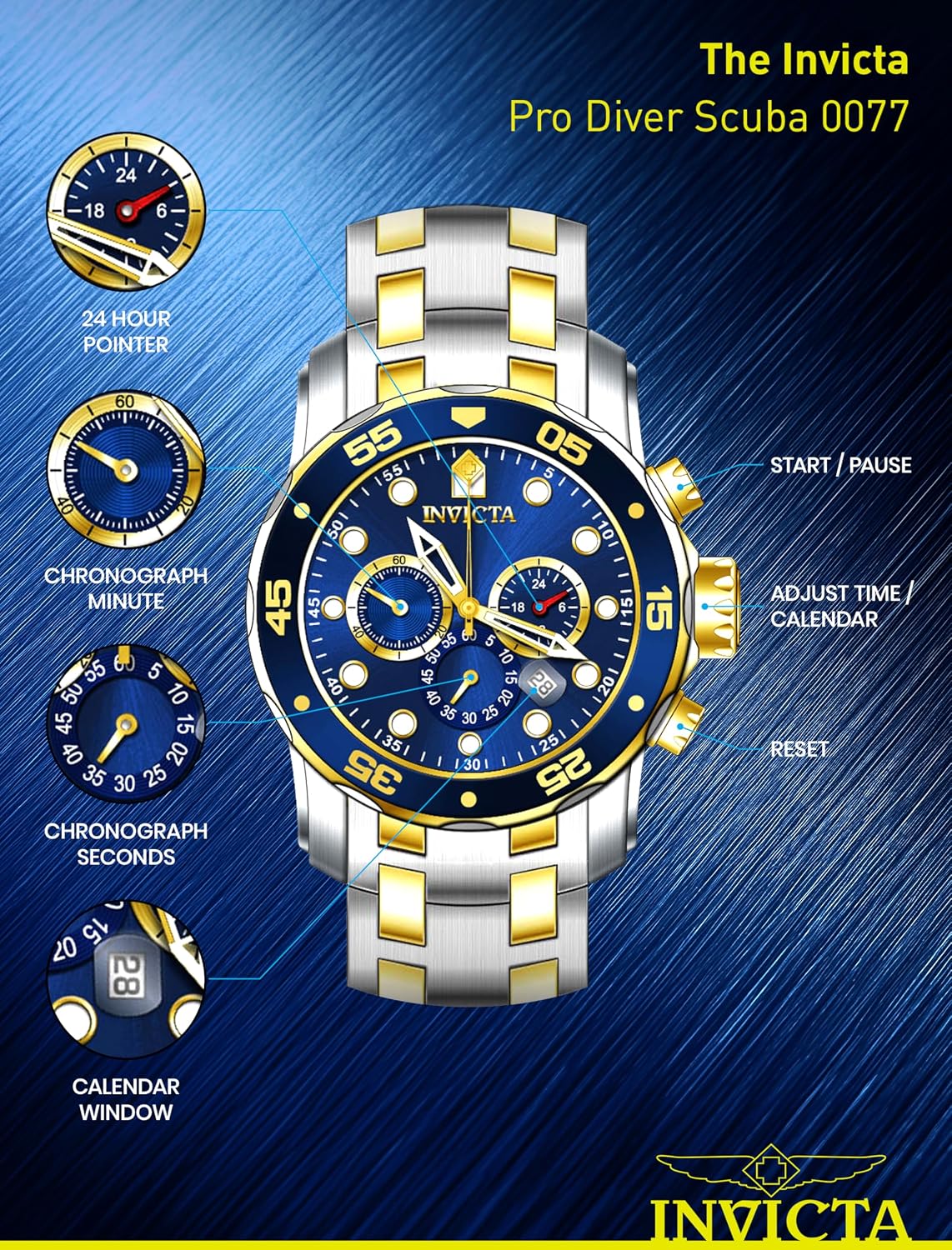 HOTInvicta Men's Pro Diver Scuba 48mm Two Tone Stainless Steel Chronograph Quartz Watch, TT/Blue (Model: 0077)