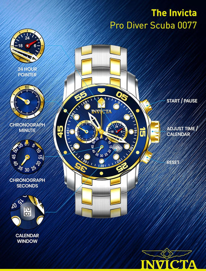 HOTInvicta Men's Pro Diver Scuba 48mm Two Tone Stainless Steel Chronograph Quartz Watch, TT/Blue (Model: 0077)