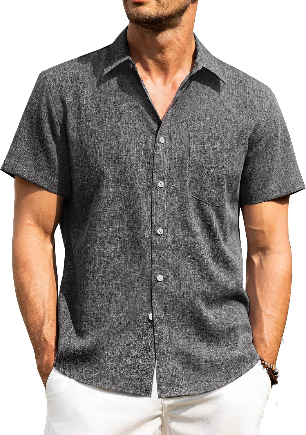HOTAlimens & Gentle Mens Linen Shirts Short Sleeve Button Down Shirts Wrinkle Free Casual Vacation Beach Summer Tops