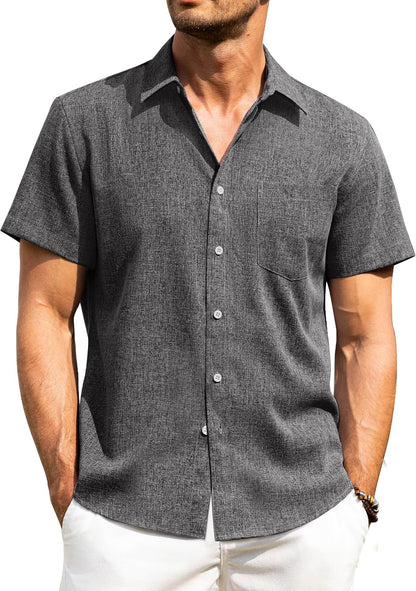 HOTAlimens & Gentle Mens Linen Shirts Short Sleeve Button Down Shirts Wrinkle Free Casual Vacation Beach Summer Tops