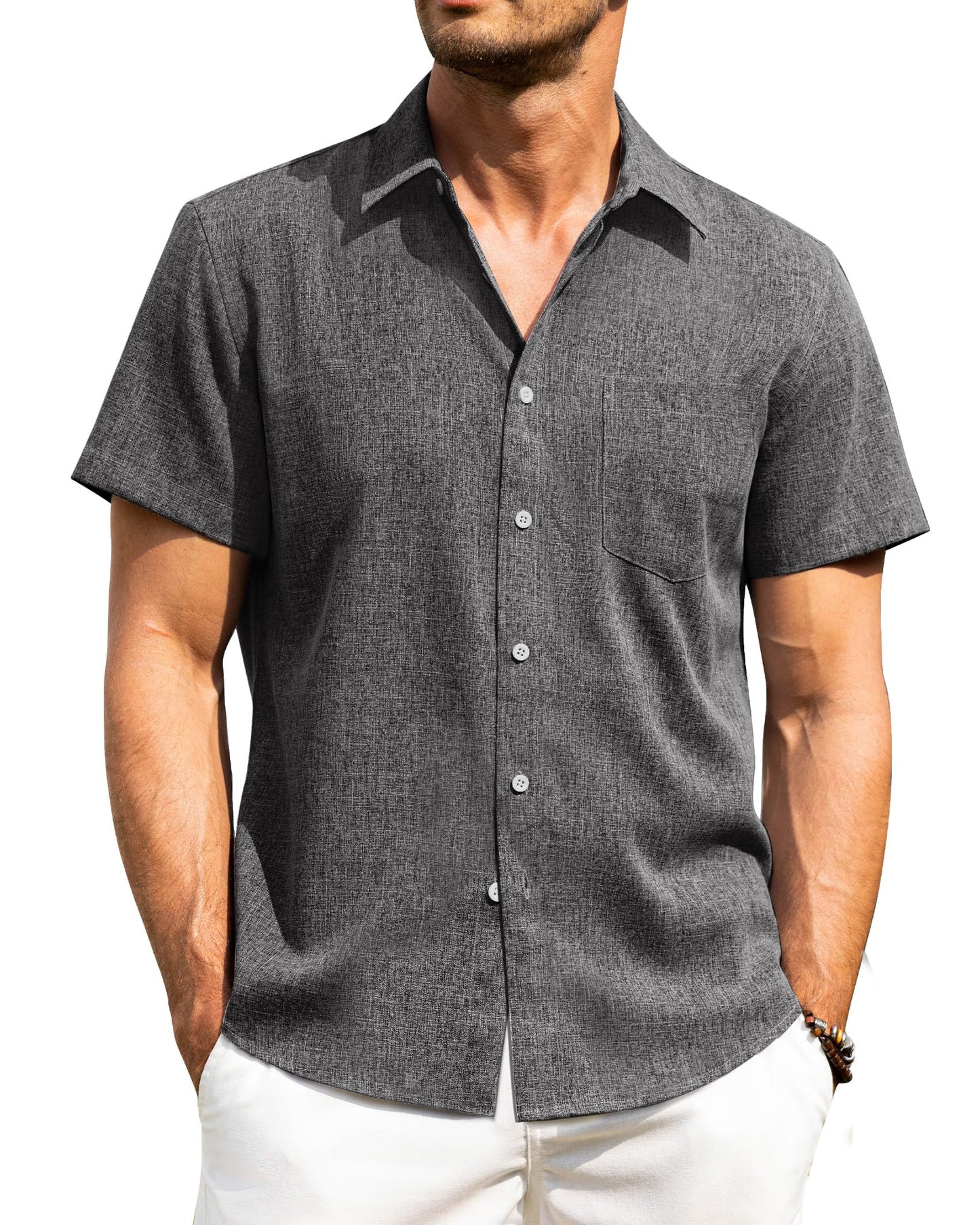HOTAlimens & Gentle Mens Linen Shirts Short Sleeve Button Down Shirts Wrinkle Free Casual Vacation Beach Summer Tops