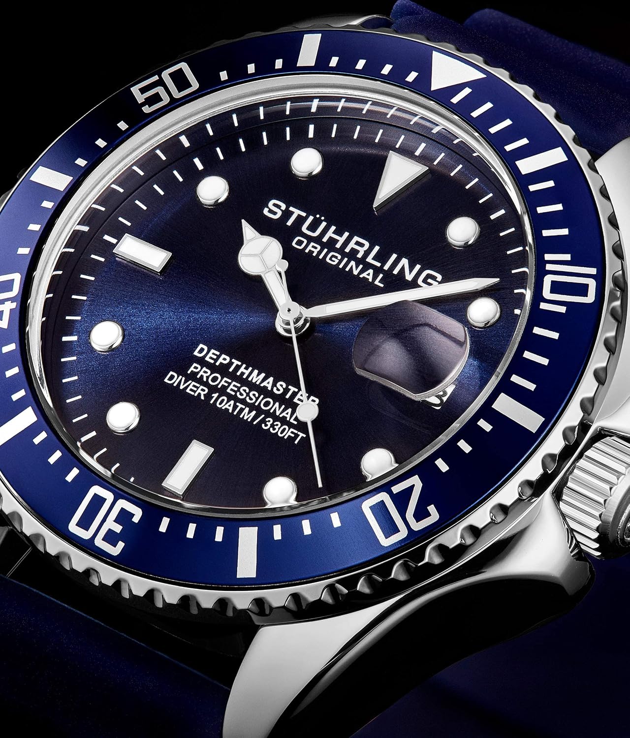 HOTStuhrling Original Men's Watch Dive Watch Silver 42 MM Case with Screw Down Crown Rubber Strap Water Resistant to 330 FT