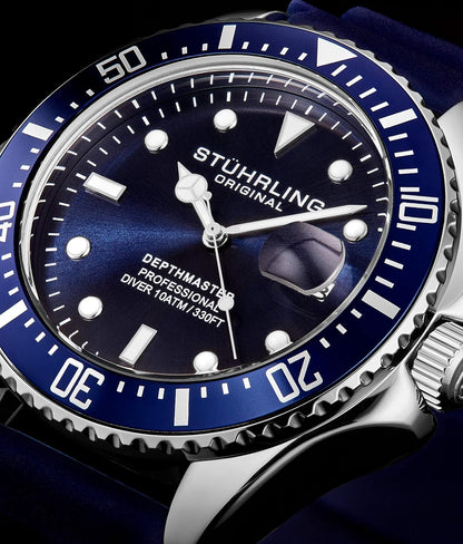 HOTStuhrling Original Men's Watch Dive Watch Silver 42 MM Case with Screw Down Crown Rubber Strap Water Resistant to 330 FT