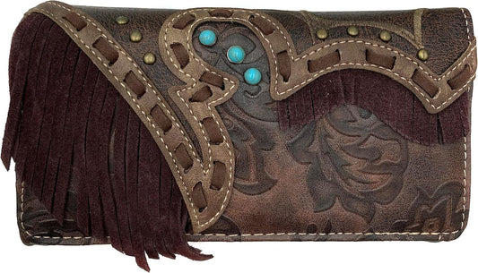 HOTZelris Women Crossbody Wallet Turquoise Concho Suede Fringe Two Tone Cowgirl Trifold Open