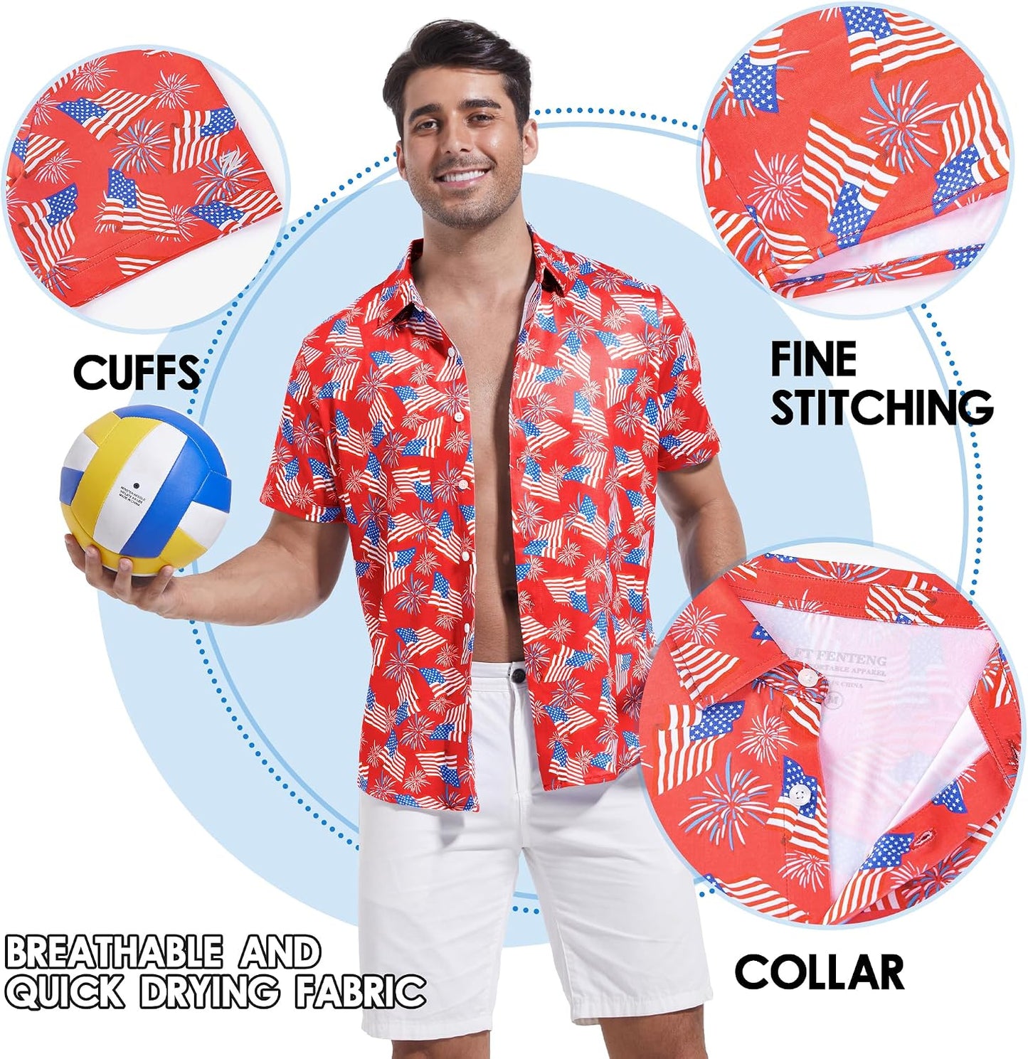 HOTFT FENTENG Mens Hawaiian Shirts Regular Fit Short Sleeve Casual Button Down Summer Tropical Beach Shirts