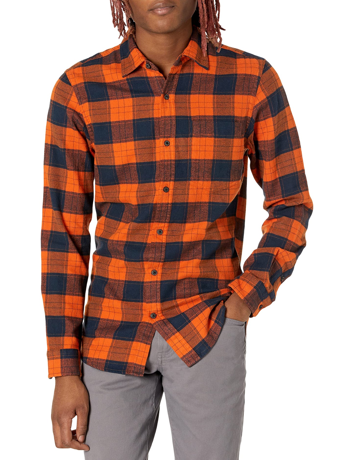 HOTAmazon Essentials Men's Slim-Fit Flannel Shirt, Long Sleeve Button Down Plaid