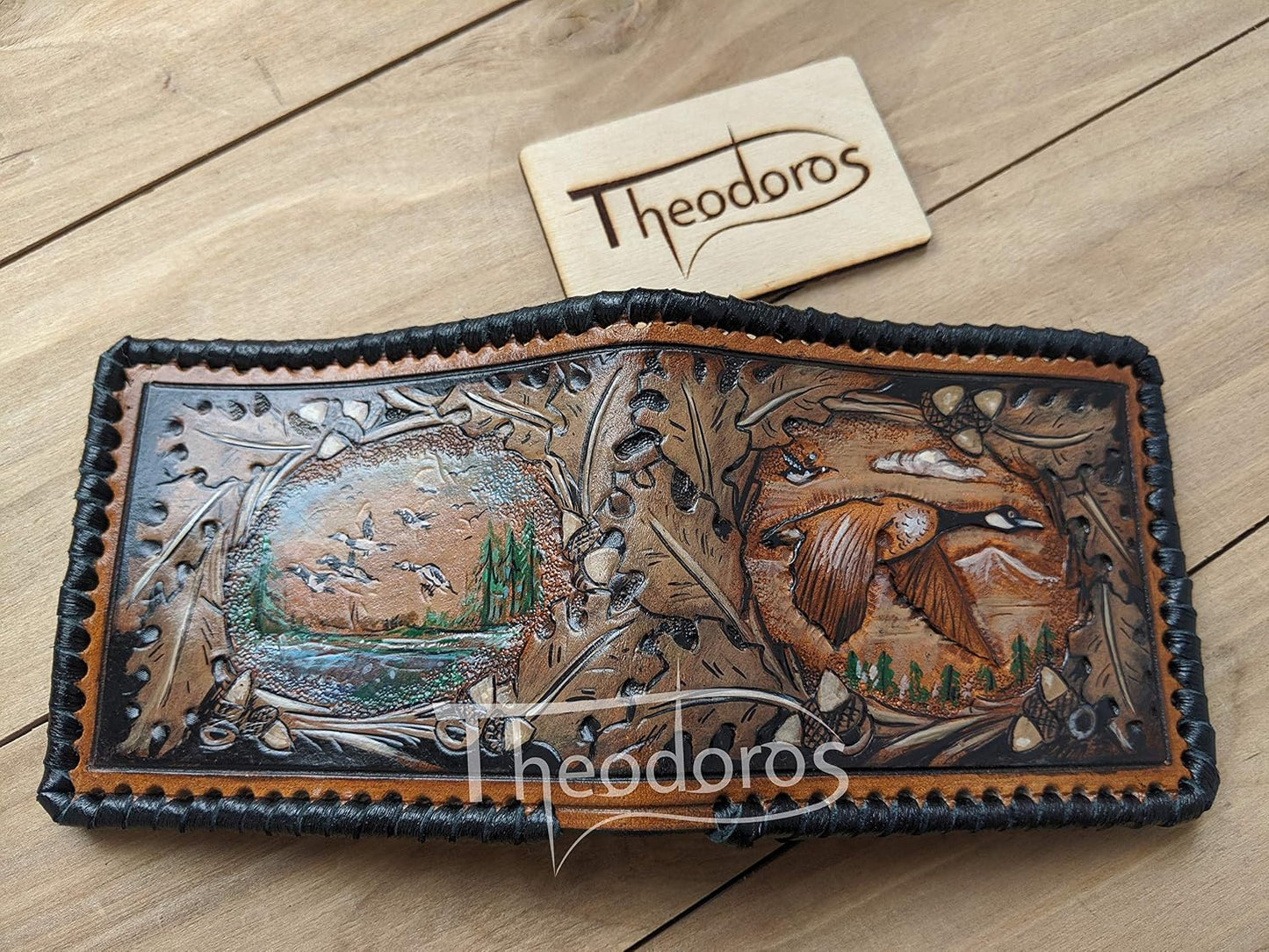 HOTAmerican Black Duck, Geese, Oak Leaf, Paysage, Goose, Hunter, Men's 3D Genuine Leather Wallet, Handmade wallet, Carved wallet, Tooled wallet, Bifold wallet, Custom wallet, Personalized wallet