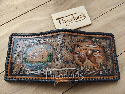 HOTAmerican Black Duck, Geese, Oak Leaf, Paysage, Goose, Hunter, Men's 3D Genuine Leather Wallet, Handmade wallet, Carved wallet, Tooled wallet, Bifold wallet, Custom wallet, Personalized wallet