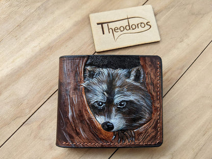 HOTHunting, Raccoon, Coonhunters, Coon Hunter, Men's 3D Genuine Leather Wallet, Handmade wallet, Carved wallet, Tooled wallet, Airbrush Art, Bifold wallet, Custom wallet, Personalized wallet, A(19)