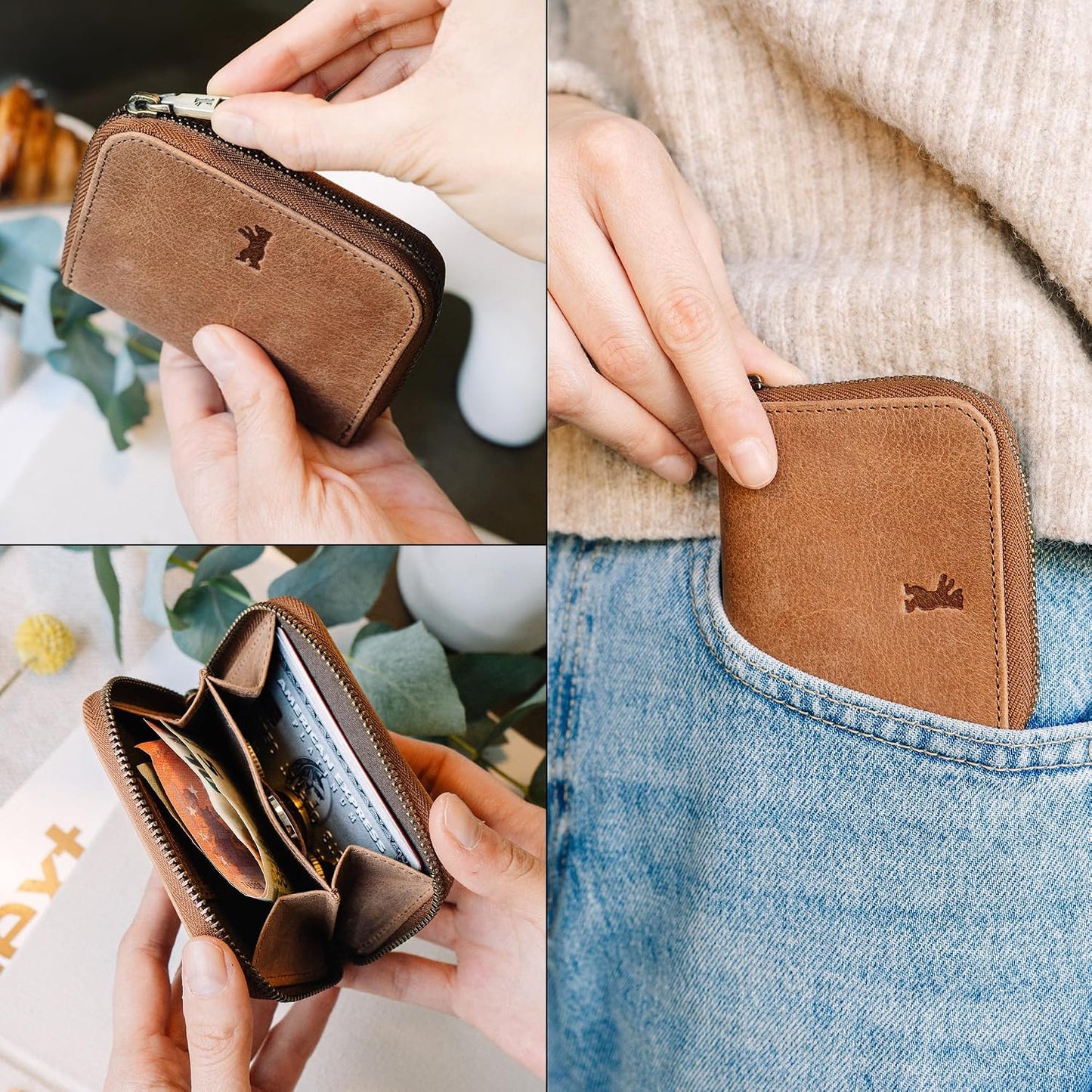 HOTBERLINER BAGS Genuine Leather Small Wallet Women Braga, Gift Box – Brown | Soft Leather Bifold Zip Wallet, Fits Purses & Crossbody Bags, 2 Separated Compartments for Bill & Coins, RFID Blocking