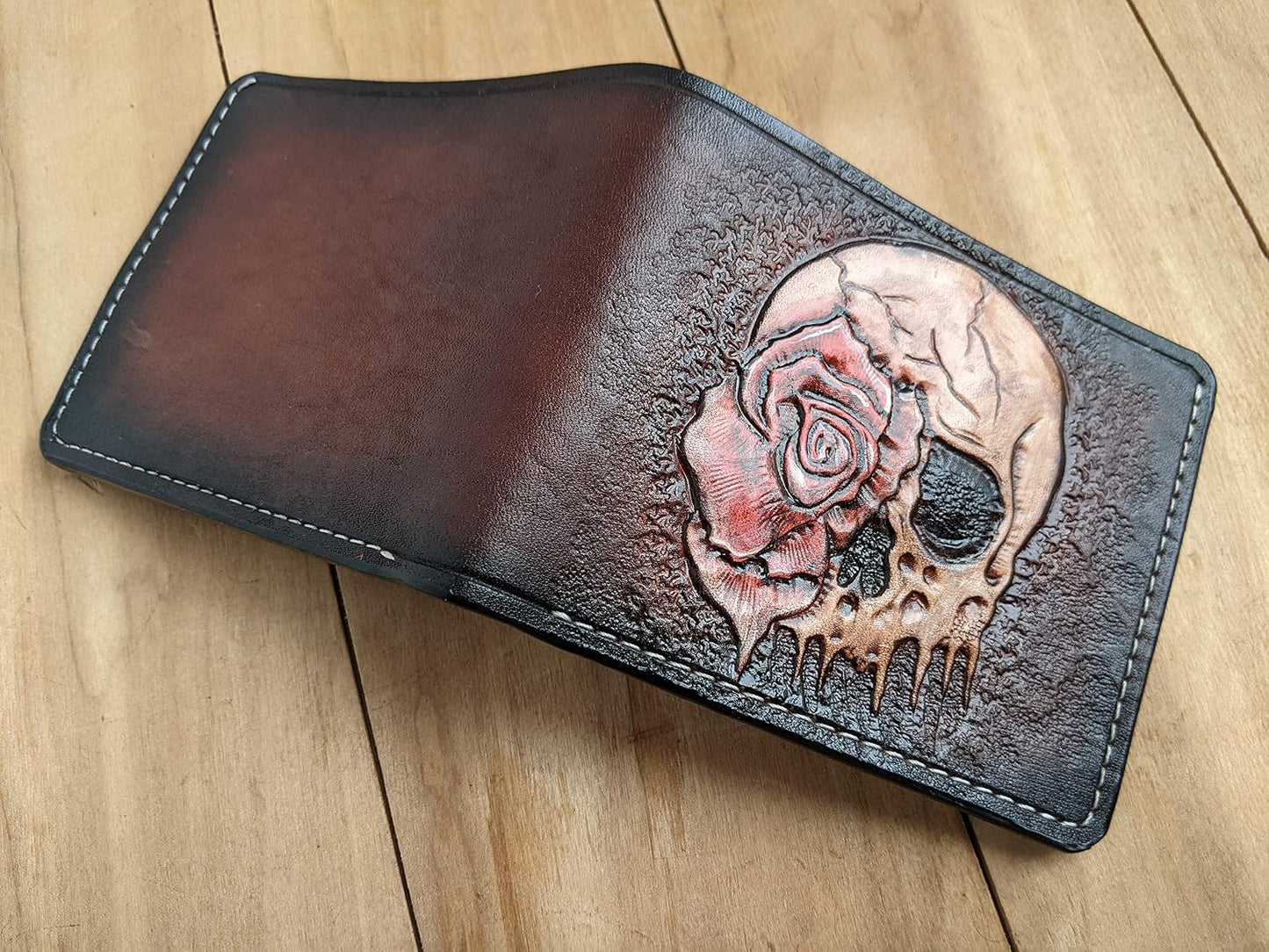 HOTMen's 3D Genuine Leather Wallet, Hand-Carved, Hand-Painted, Leather Carving, Custom wallet, Personalized wallet, Skull, Skeleton, Rose