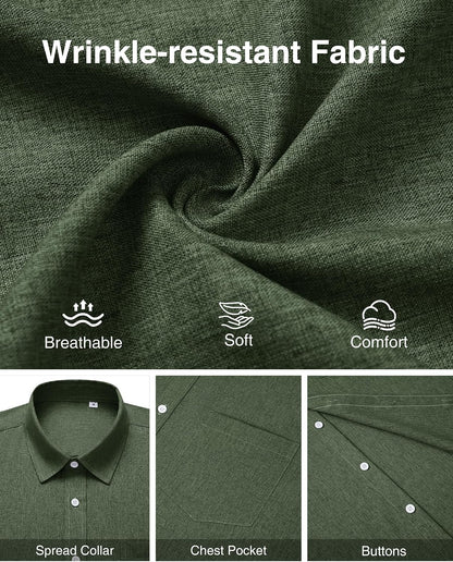 HOTMens Linen Shirt Short Sleeve Wrinkle Free Casual Untucked Button Down Shirts Beach Breathable Tops Summer