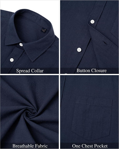 HOTJ.VER Mens Linen Shirt Short Sleeve Button Down Casual Summer Shirts | Cotton Linen, Untucked, Big Tall, from Beach Camp Vacation, Cruise Fishing, Work Office, to Wedding Party Family, with Pocket