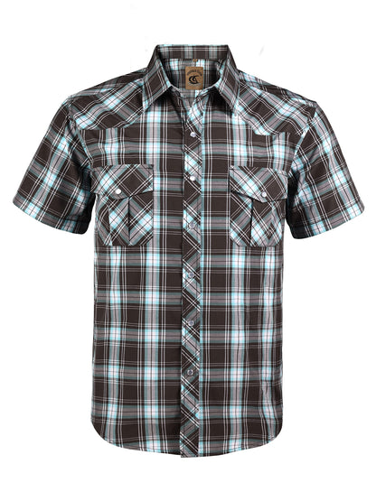 HOTCOEVALS CLUB Men's Western Cowboy Short Sleeve Pearl Snap Casual Plaid Work Shirts