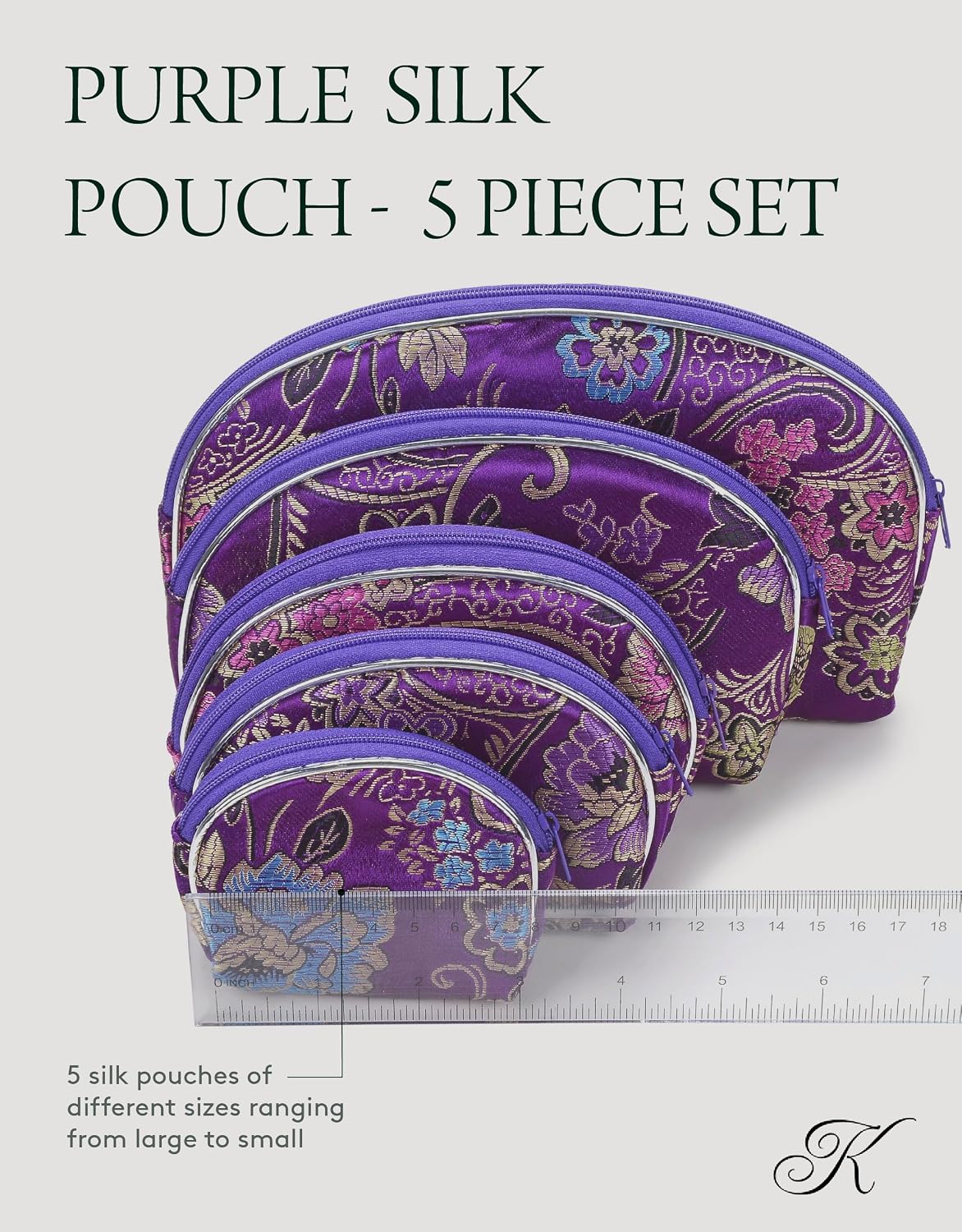HOTKALIFANO 5pcs Purple Flower Jewelry & Coin Silk Pouch Brocade Embroidered Gift Bag/Purse - Oriental Chinese Style Travel Wallet with Zipper (Family Owned and Operated)