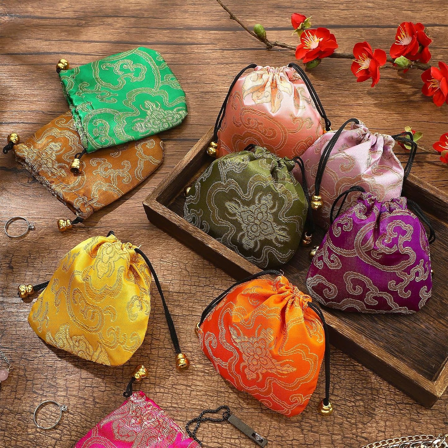 HOTHuquary 60 Pcs Silk Jewelry Pouch Drawstring Gift Bags Bulk 4 x 4 Inches Potli Bags for Return Gifts Indian Diwali Gift Bag Mini Satin Brocade Embroidered Coin Purse for Women Selling Pooja