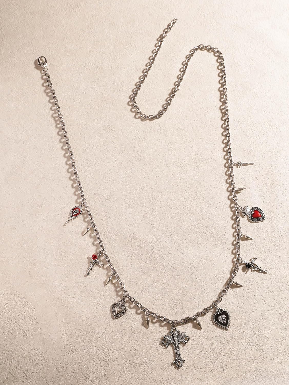 HOTSacina Silver-tone Cross Moth Heart Spike Chain belt, Waist Belly Chain, Gothic Goth Punk Grunge Emo Belt, Goth Accessories