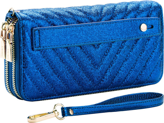 HOTB BRENTANO Vegan Leather Double Zipper Pocket Wallet with Grip Hand Strap (BLUE GLITTER)