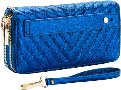 HOTB BRENTANO Vegan Leather Double Zipper Pocket Wallet with Grip Hand Strap (BLUE GLITTER)