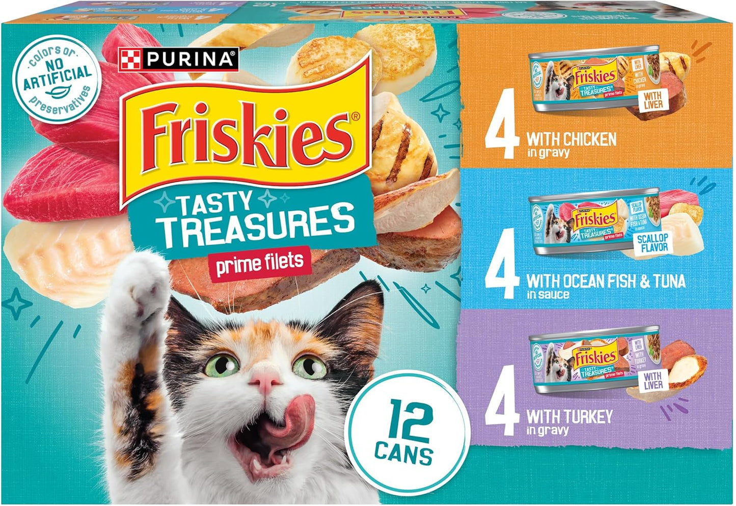 HOTPurina Friskies Wet Cat Food Variety Pack, Tasty Treasures Prime Filets (With Ocean Fish and Tuna, With Chicken and With Turkey) - 5.5 Ounce (Pack of 12)