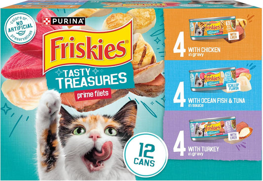 HOTPurina Friskies Wet Cat Food Variety Pack, Tasty Treasures Prime Filets (With Ocean Fish and Tuna, With Chicken and With Turkey) - 5.5 Ounce (Pack of 12)