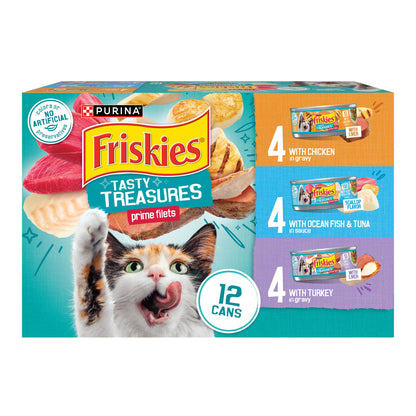 HOTPurina Friskies Wet Cat Food Variety Pack, Tasty Treasures Prime Filets (With Ocean Fish and Tuna, With Chicken and With Turkey) - 5.5 Ounce (Pack of 12)