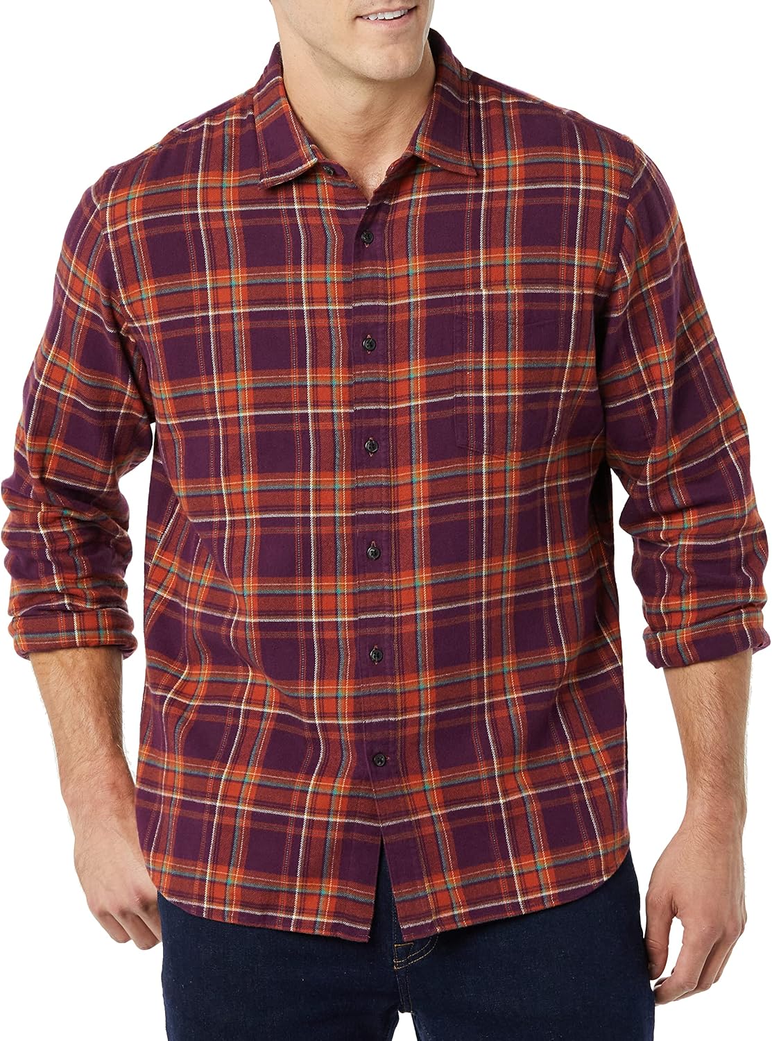 HOTAmazon Essentials Men's Slim-Fit Flannel Shirt, Long Sleeve Button Down Plaid