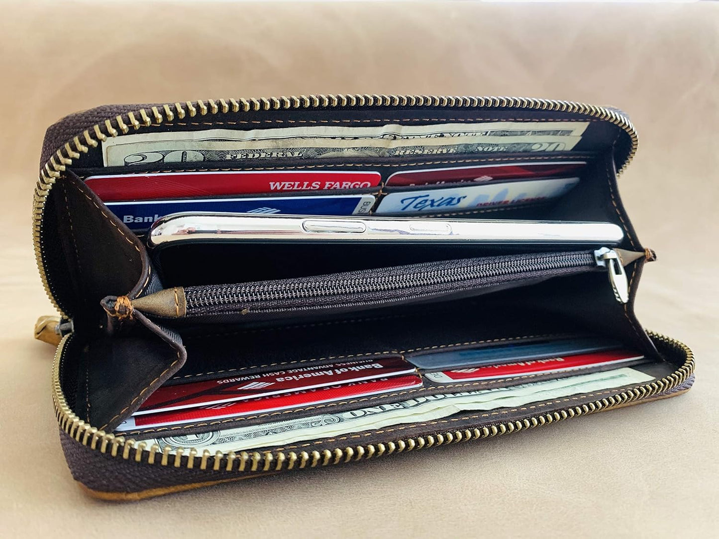 HOTGeneric Women's Long Wallet Organizer, Zipper Wallet, Wristlet Wallet, Brown Floral Top Grain Cowhide Leather Wallet for Women