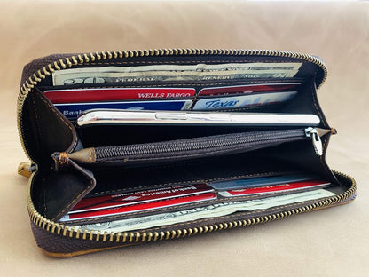 HOTGeneric Women's Long Wallet Organizer, Zipper Wallet, Wristlet Wallet, Brown Floral Top Grain Cowhide Leather Wallet for Women