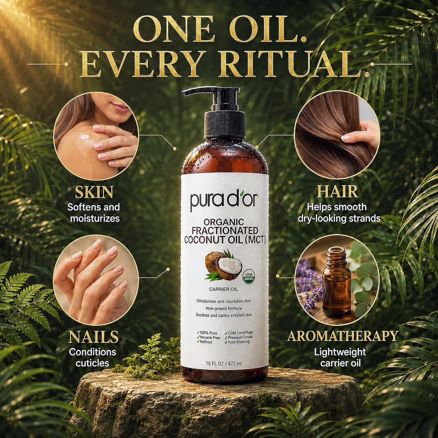 HOTPURA D'OR ORGANIC Fractionated Coconut Oil MCT Oil (16 Oz) 100% Pure & Natural USDA Certified