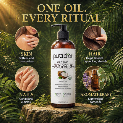 HOTPURA D'OR ORGANIC Fractionated Coconut Oil MCT Oil (16 Oz) 100% Pure & Natural USDA Certified