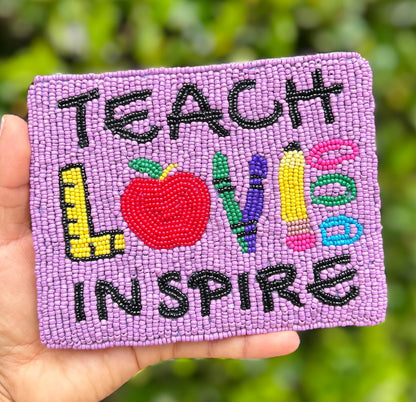 HOTTeach Love Inspired Beaded Pouch Purse Teacher Gift Ideas Small Wallets for Her Teacher Appreciation Week Gift Christmas Birthday Gift