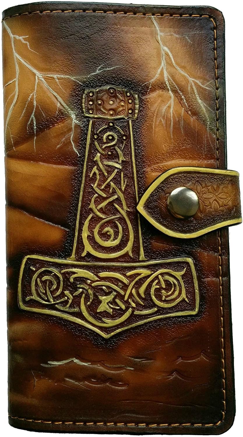 HOTKnarr, Viking Ship, Odin, Longship, Thor Hammer, Mjölnir, Men's 3D Genuine Leather Wallet, Long wallet, Biker Wallet, Handmade wallet, Carved wallet, Airbrush Art, Custom wallet, Personalized wallet