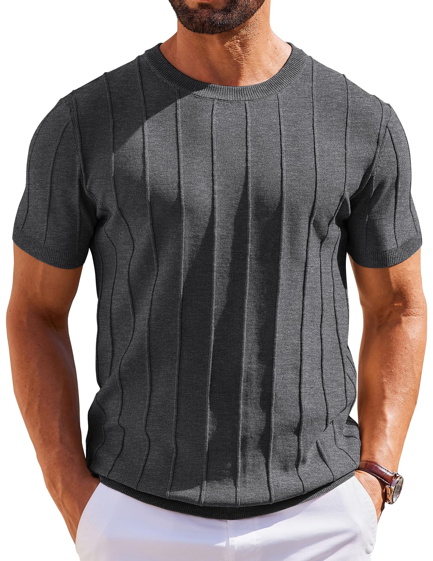 HOTCOOFANDY Men's T- Shirts Short Sleeve Knit Sweater Shirt Casual Crewneck Ribbed Pullover Tees