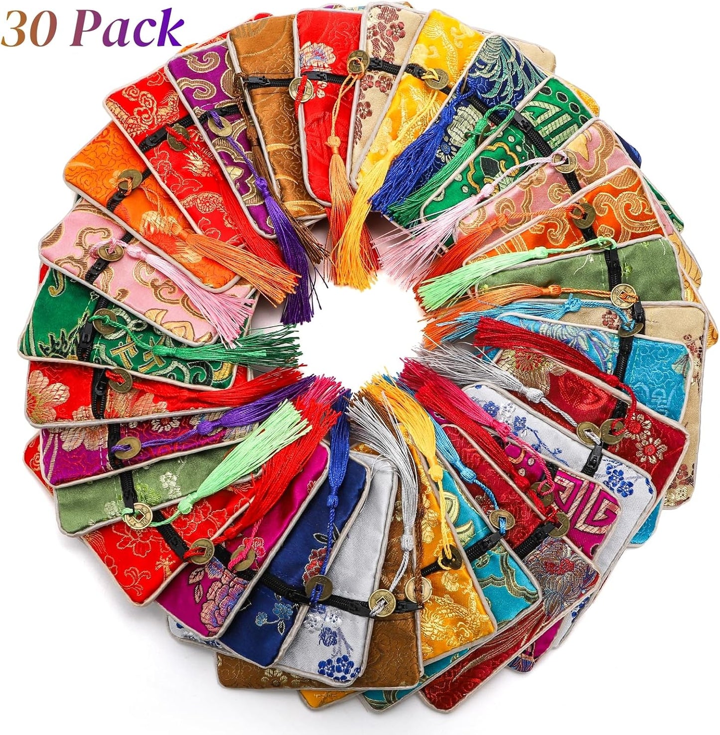 HOTZOOFOX 30 Pieces Silk Jewelry Pouch, Brocade Embroidered Coin Purse with Zipper and Tassel, Small Gift Bags for Small for Jewelry Wedding Party Favor Chinese New Year Goodie Candy Bags