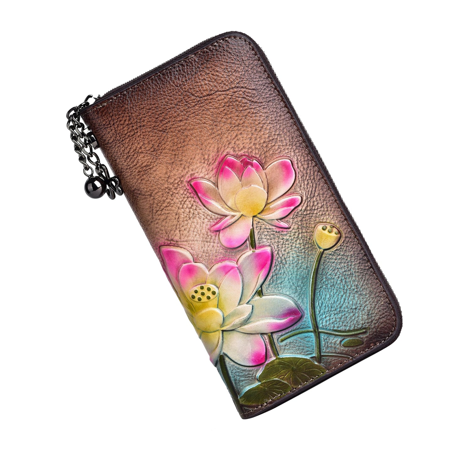HOTWallet Genuine Leather for Women - with RFID Blocking Card checkbook ID Slot Large Capacity Vintage style (flower brown)
