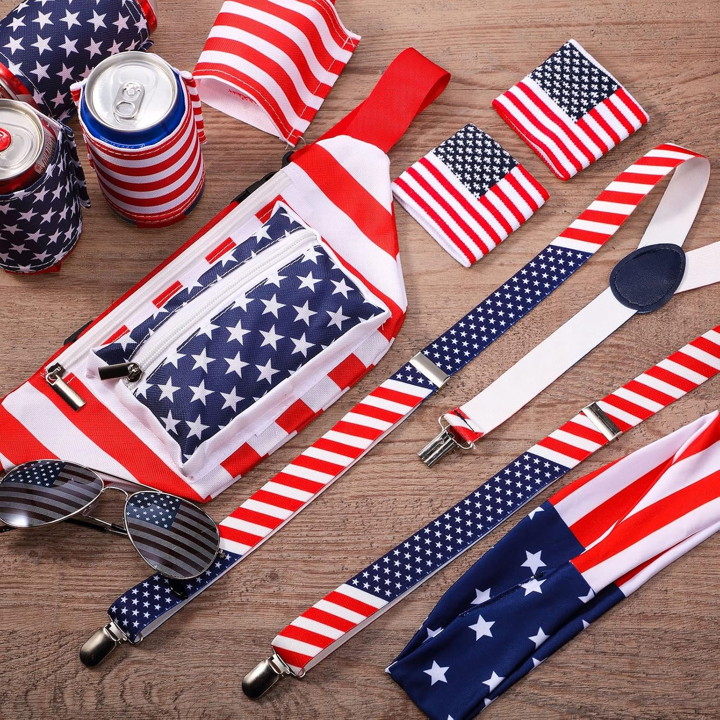 HOTTallew 9 Pcs 4th of July Fanny Pack American Flag Overalls 250 Years Patriotic American Flag Fanny Pack Beer Belt Suspenders Drink Holder Headband Wristband(Classic Style)