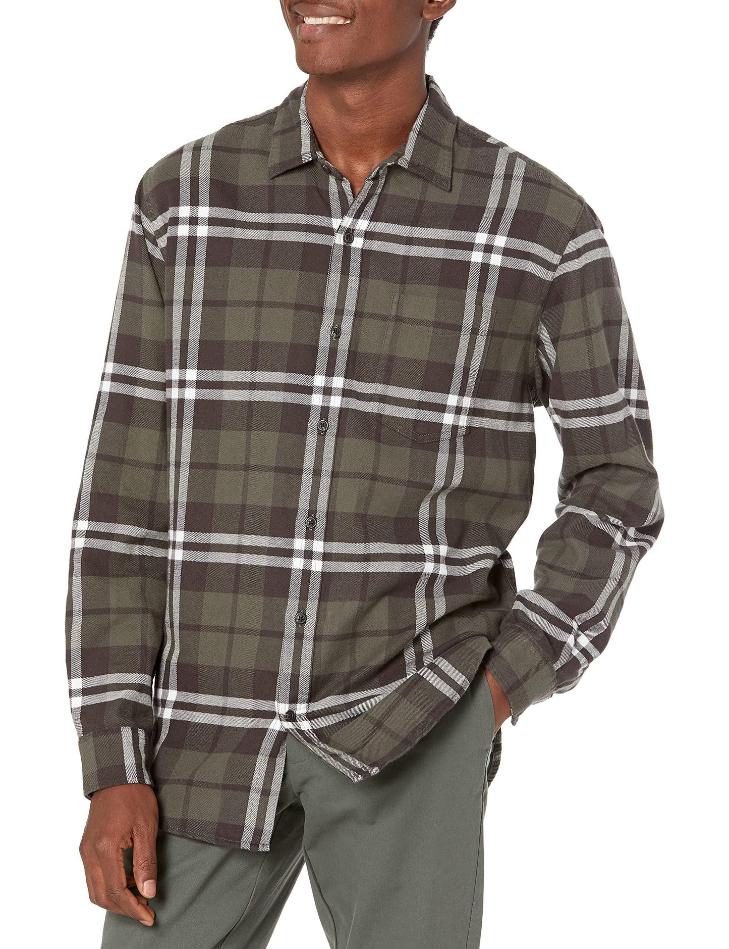 HOTAmazon Essentials Men's Regular Fit Long-Sleeve Flannel Shirt, Soft Brushed Cotton, Lightweight yet Warm