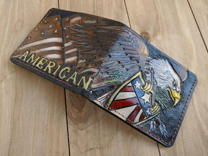HOTAmerican Flag Bald Eagle Leather Wallet for Men – Patriotic USA Military Design – RFID Genuine Leather Bifold Biker Wallet, Embossed, Carved, Tooled & Painted Wallet, Custom Personalized Gift