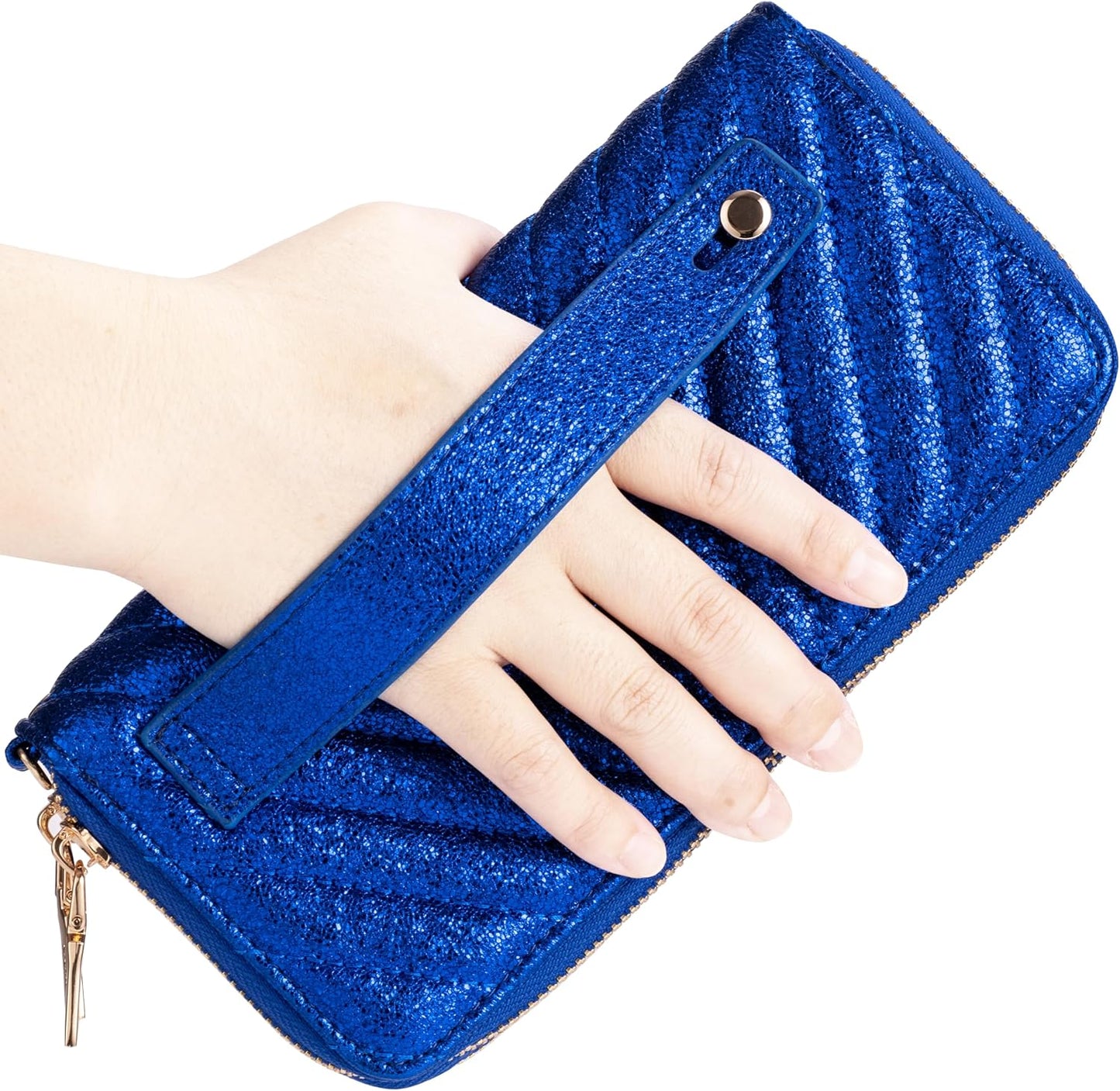 HOTB BRENTANO Vegan Leather Double Zipper Pocket Wallet with Grip Hand Strap (BLUE GLITTER)