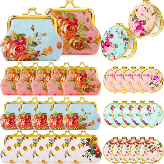 HOT30 Pcs Indian Pooja Return Gifts Bulk Floral Coin Purse Mirror,Gold Edge