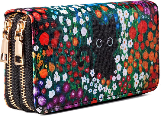 HOTBlack Cat Floral Double Zip Wallet for Women, Cute Kawaii Aesthetic Small Wallet with Card Slots & Coin Pocket, Compact Boho Travel Purse for Cat Lovers