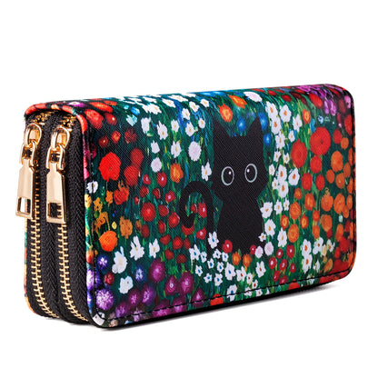 HOTBlack Cat Floral Double Zip Wallet for Women, Cute Kawaii Aesthetic Small Wallet with Card Slots & Coin Pocket, Compact Boho Travel Purse for Cat Lovers