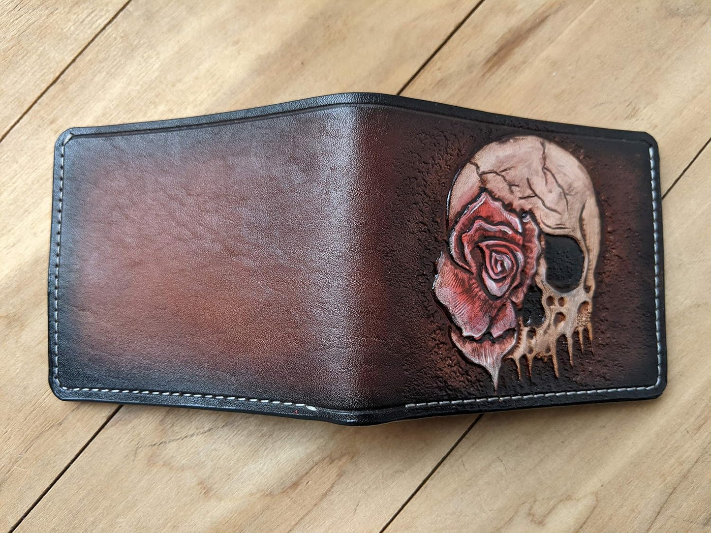 HOTMen's 3D Genuine Leather Wallet, Hand-Carved, Hand-Painted, Leather Carving, Custom wallet, Personalized wallet, Skull, Skeleton, Rose