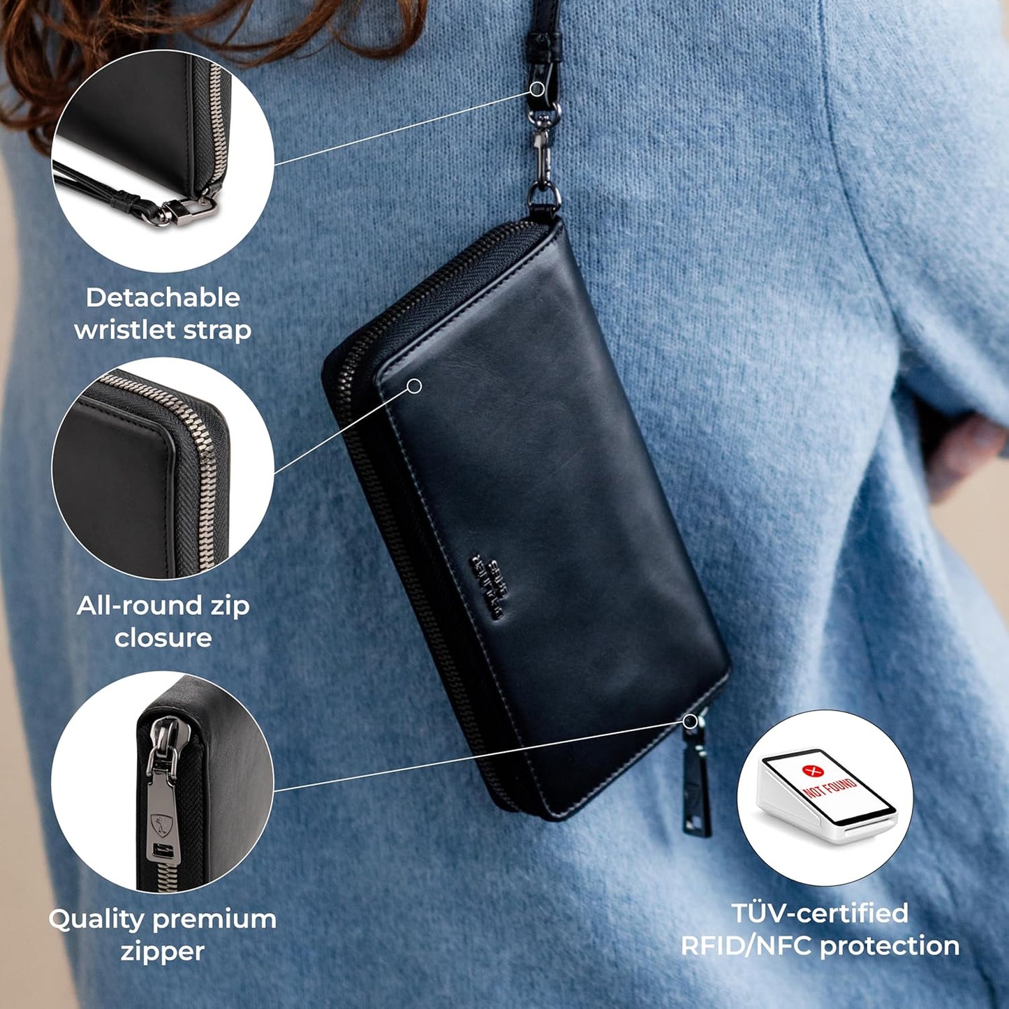 HOTBERLINER BAGS Genuine Leather Zip Wallet Women Lyon, Gift Box – Black | Soft Leather Zip Around Wallet, Fits up to Phone 6.9", 15 Card Slots, 1 ID Window, 3 Bill Slots, 1 Coin Pocket, RFID Blocking