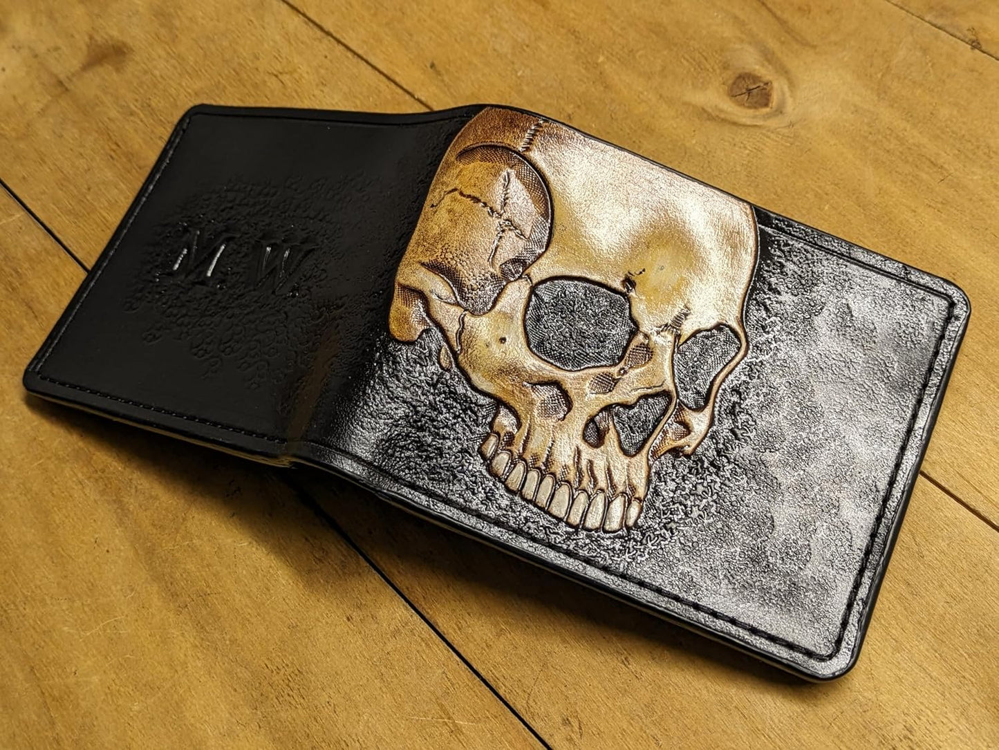 HOTTheodoros Gothic Skull Leather Wallet for Men – Dark Fantasy Skeleton Design – RFID Genuine Leather Bifold Biker Wallet, Embossed, Carved, Tooled & Painted Wallet, Custom Personalized Gift