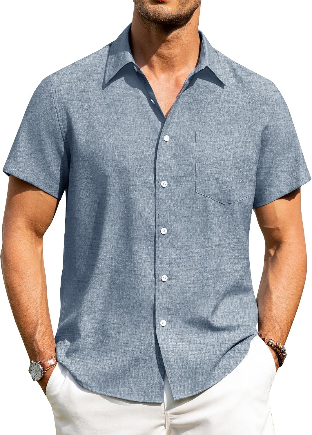 HOTAlimens & Gentle Mens Linen Shirts Short Sleeve Button Down Shirts Wrinkle Free Casual Vacation Beach Summer Tops